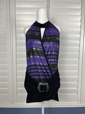 t.w.i.n Purple Black Metallic Striped Halter Top Women’s Y2K